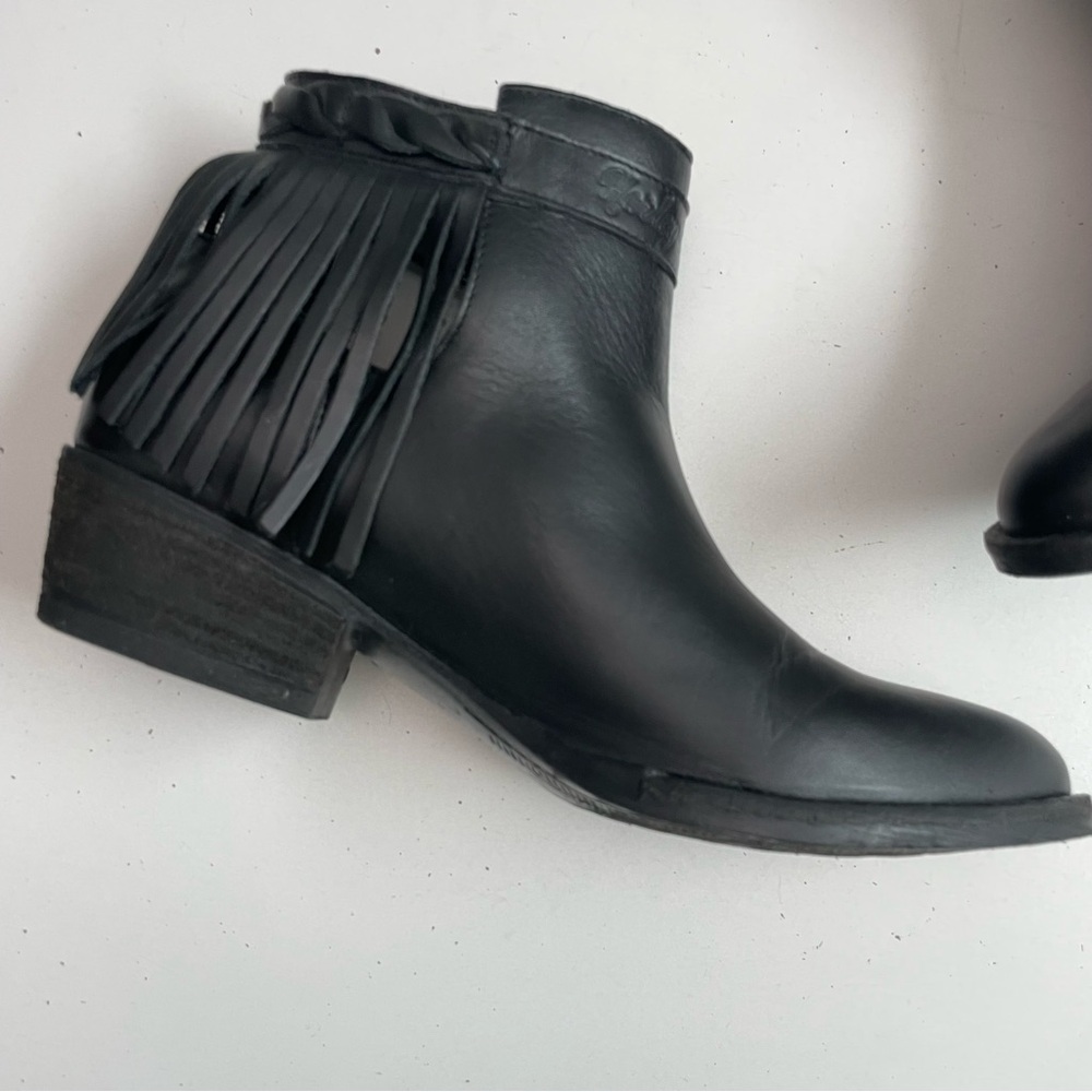 Harley Davidson Boots Amory Heeled Leather Ankle Fringe Buckle Braided Black - Picture 7 of 16